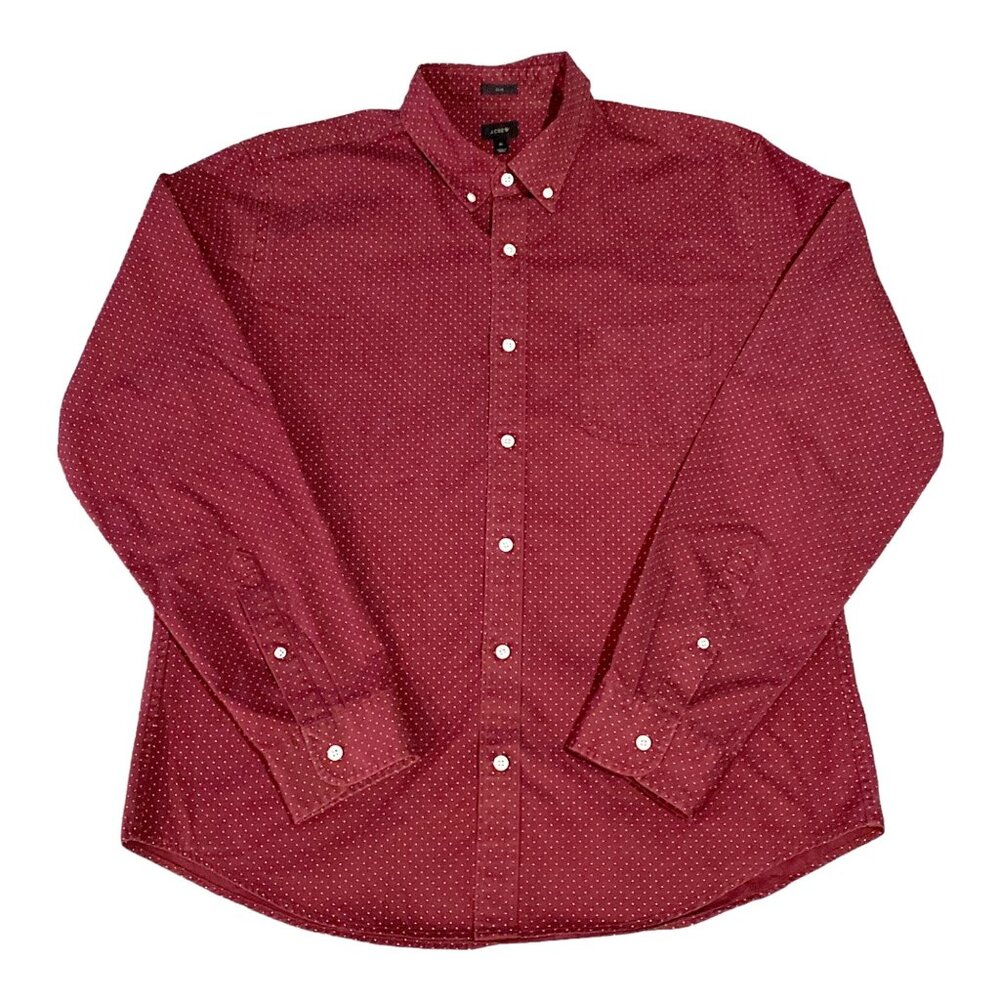 J Crew Shirt Mens XL Red White Polka Dot Button Down Long Sleeve Slim Office
